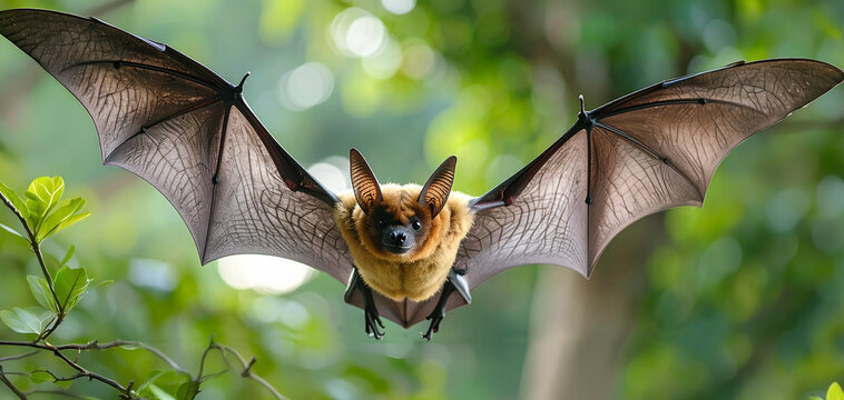 Murci&eacute;lago en pleno vuelo con alas extendidas sobre fondo desenfocado, imagen de fauna y biodiversidad para campa&ntilde;a medioambiental, ciencia, naturaleza y conservaci&oacute;n del planeta