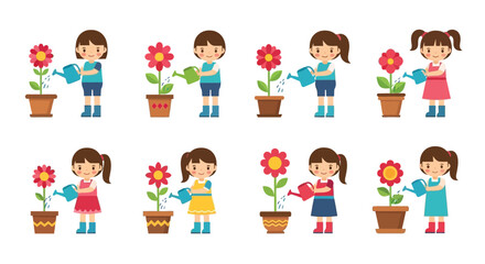 Fototapeta premium Children watering flowers in pots a colorful illustration set for gardening themes