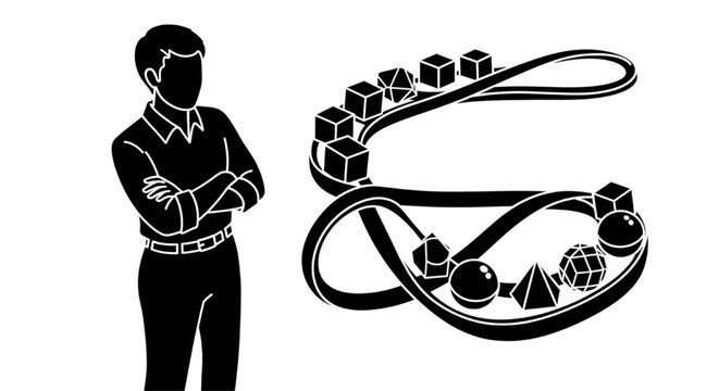 Conceptual illustration of a person observing an infinite loop of geometric shapes symbolizing complex data processing logic and mathematical infinity