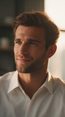 Obraz premium A handsome, thoughtful man in a white shirt, smiling gently while bathed in warm, natural sunlight.