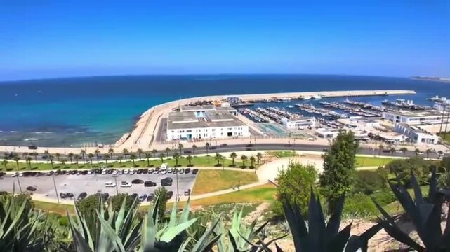 Cinematic panoramic view of Tangier Marina Bay from Kasbah, Morocco. Mediterranean coast, luxury marina, travel destination, tourism marketing, global business, coastal cityscape, 1080p HD.