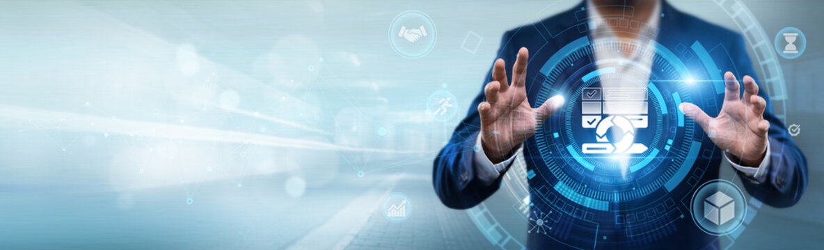 Businessman holding agile workflow interface with networking data, project management, business flexibility, scrum methodology and digital transformation