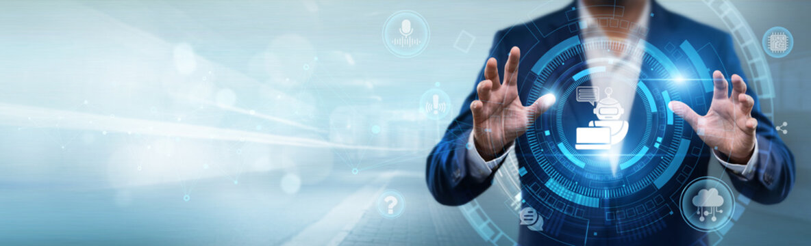 Businessman holding chatbot interface with networking data, AI communication, automated customer service, digital assistant and business support concept