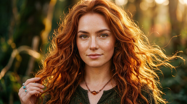 Beautiful Redhead Woman in Nature Sunset Portrait Photo