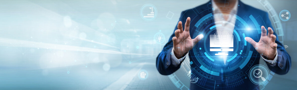 Businessman holding e-learning interface with networking data, online education platform, digital training, virtual classroom and corporate learning concept