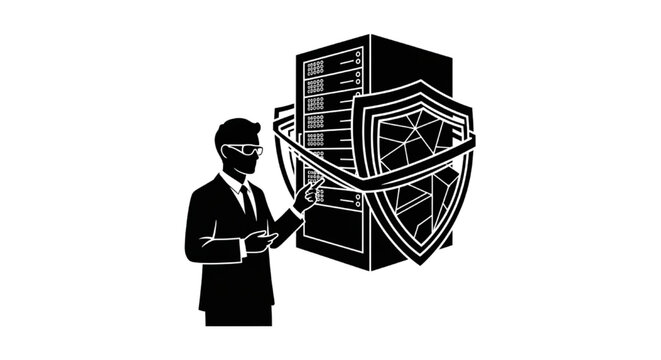 Cybersecurity professional in suit managing secure server protection with a digital safety shield and data integrity monitoring