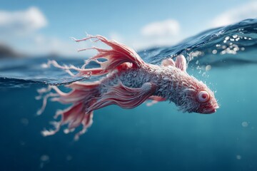 Fototapeta premium A beautiful goldfish swimming gracefully in clear blue water. natural biotech innovation, organic wellness, environmental health