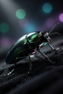 Iridescent Green Beetle Macro, Moody Insect Photography