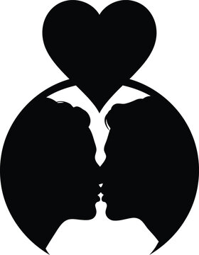 Two silhouetted figures sharing a heart-shaped moment in a tender embrace Vector