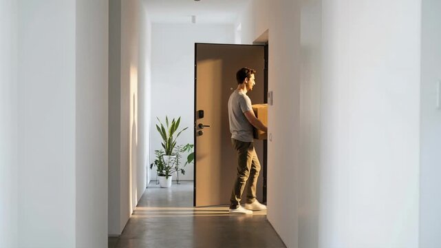 Man courier delivering box walking into bright hallway, depicting moving service or package shipping.