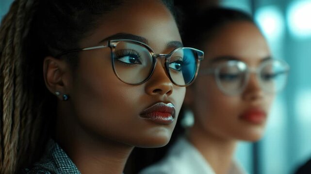 The two female models are looking at each other, their expressions focused and intent.