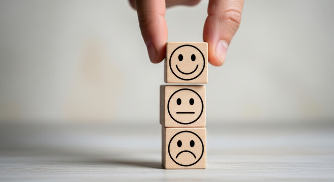 Customer Satisfaction Concept. Hand Adding Happy Face Wood Block. Client Review, Feedback, Service Evaluation, Ranking, Opinion, Survey, Support.