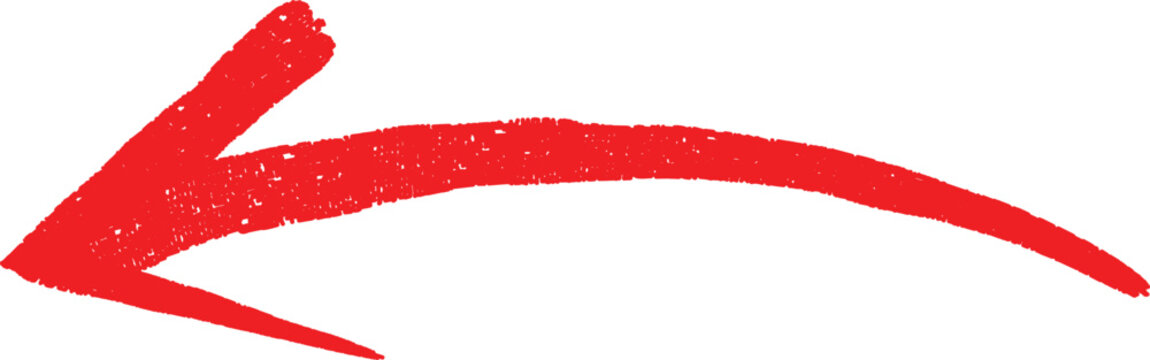Hand drawn red arrow pointing to the left with a textured crayon or oil pastel stroke style