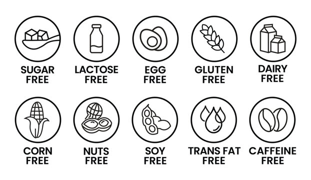 Set allergen free icons. Allergen free label products. Free lactose, gluten, sugar, corn, egg, trans fat, dairy, soy, nuts, caffeine, symbol, logo, badge, black, vector, isolated on white background.