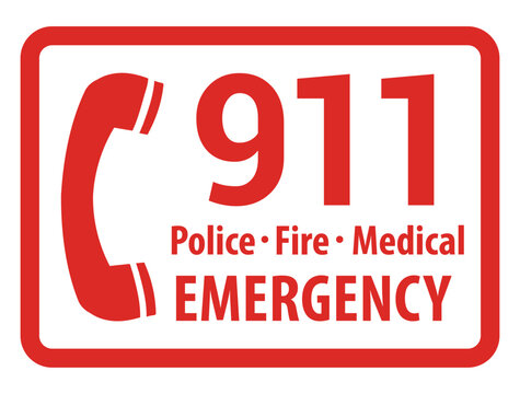 Call 911 Label &ndash; Emergency Contact Icon, Police Fire Medical Assistance Badge, Safety Alert Symbol, First Aid and Rescue Sign, Black Line Vector Isolated on White Background