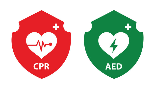 CPR and AED Label &ndash; Cardiopulmonary Resuscitation and Automated External Defibrillator Emergency Sign, First Aid Safety Badge, Medical Rescue Symbol, Black Line Vector Isolated on White Background