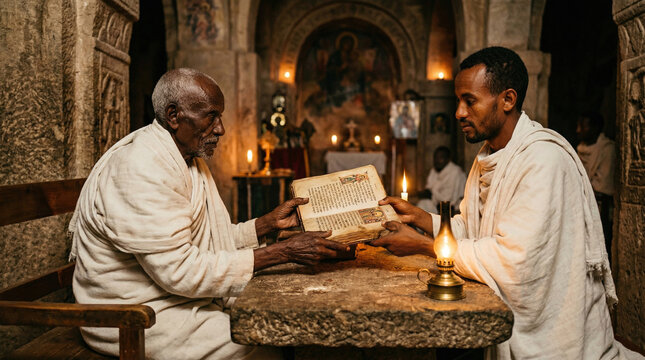 Ethiopian Orthodox Elder and Young Priest Sharing Ancient Scripture by Candlelight