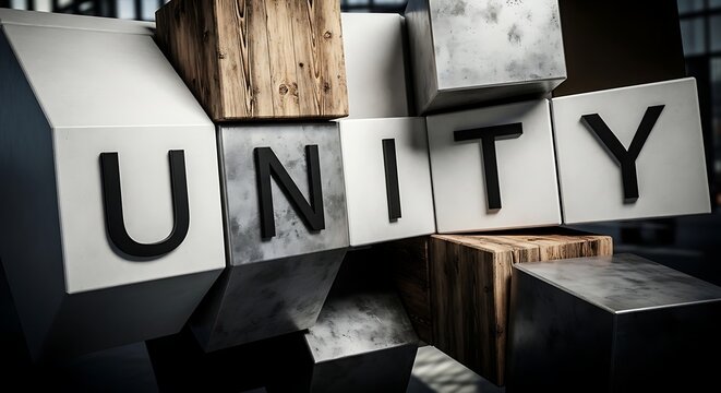 Stacked cubes spell out unity showcasing diverse textures and a reflective surface