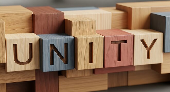 Wooden blocks spelling the word unity symbolizing connection and collaboration