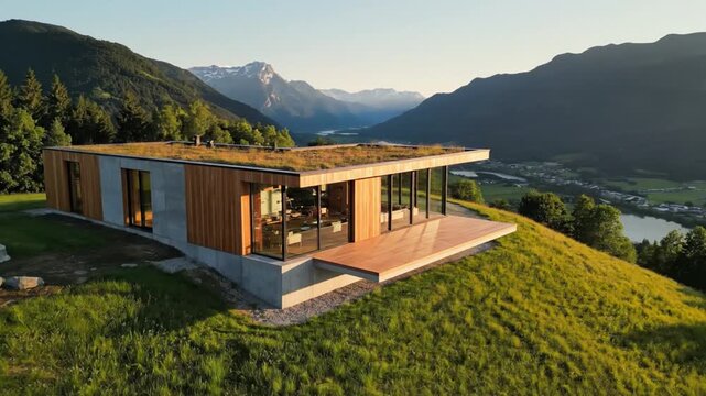 Modern house with large windows and wooden deck overlooking the mountain