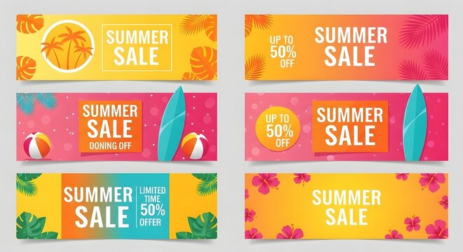 Vibrant set of six summer sale banners