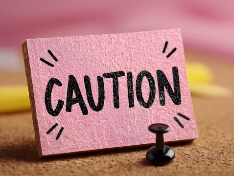 コルクボードにプッシュピンで留められた注意喚起のCAUTIONカードのクローズアップ