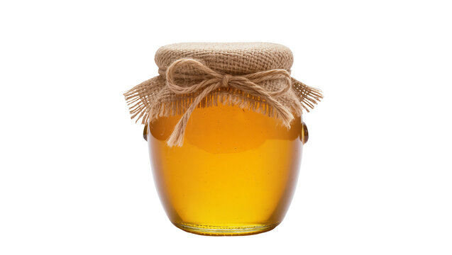 Isolated jar of golden honey with rustic burlap lid and natural jute string bow