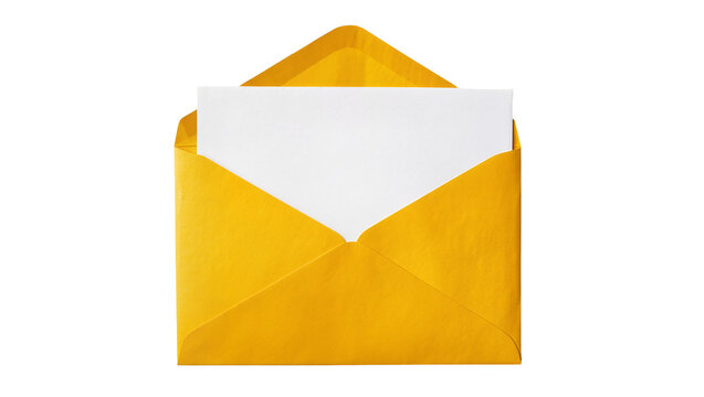 Isolated open yellow envelope with a blank white paper card ready for message or invitation