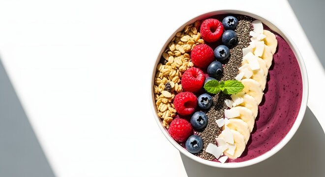 Acai smoothie bowl topped with granola raspberries blueberries chia seeds banana slices and coconut flakes on a white background