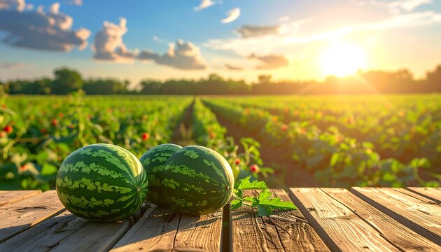 Three round, striped fruit on a wooden table, overlooking a vast green field. The sky is filled with clouds and a warm, setting sun