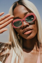 Young woman posing shielding eyes under clear blue sky