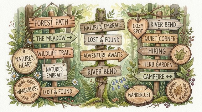 Wooden Signposts Forest Path Nature Trail Hiking Adventure Scene Illustration