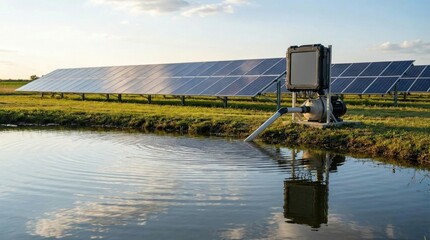 Solar powered water pump system in agricultural farm field near pond.