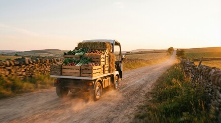 Small electric truck carrying fresh vegetables and fruits on rural road at sunset.