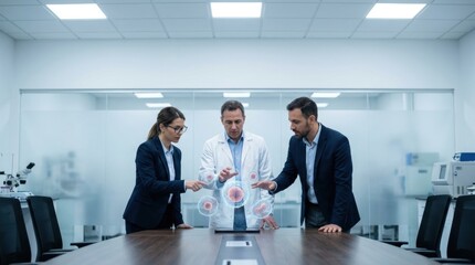 Scientists and doctors analyzing 3D cell hologram in high-tech laboratory.