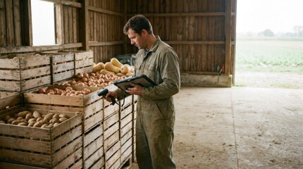 Farmer scanning barcode on vegetable crates for inventory management in warehouse.