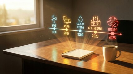 Renewable energy timeline hologram glowing over notebook for sustainable future concept.
