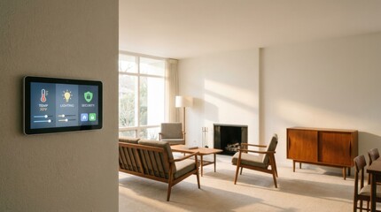 Smart home control panel on wall in modern minimalist living room interior.