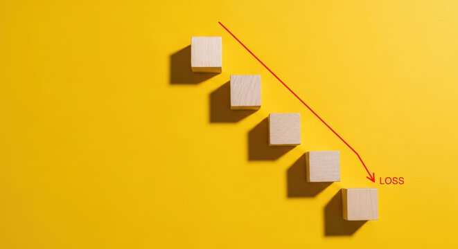 Business Loss Concept with Wooden Blocks Arranged in Descending Order Representing Financial Decline and Setback  Yellow Background Red Arrow Indicates Downward Trend
