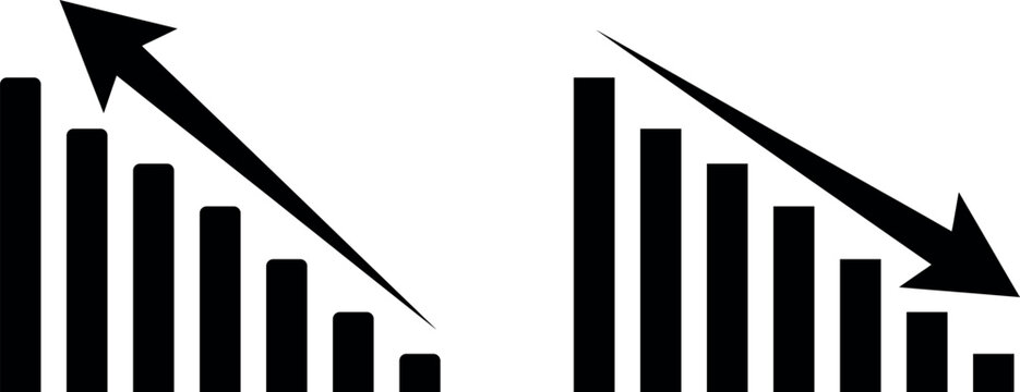 Simple black and white vector graphics of bar charts with arrows showing increasing and decreasing trends