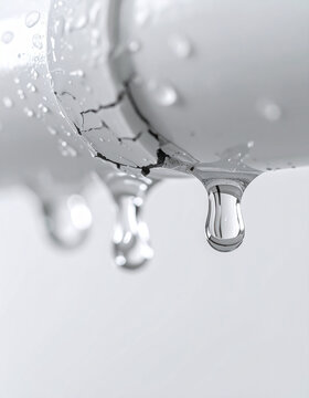 Water droplets dripping from cracked white PVC pipe, blurred white backdrop, plumbing maintenance and repair concept.