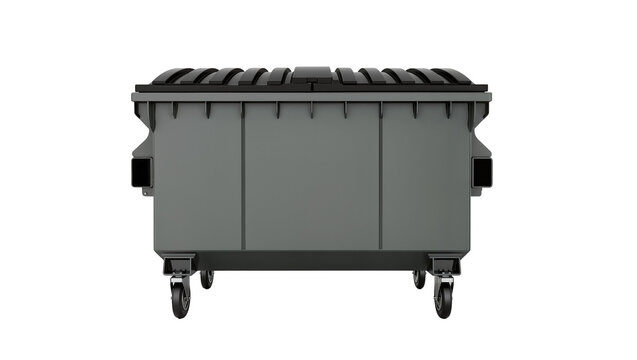 Isolated large grey commercial dumpster with black lid and rolling wheels for urban waste.