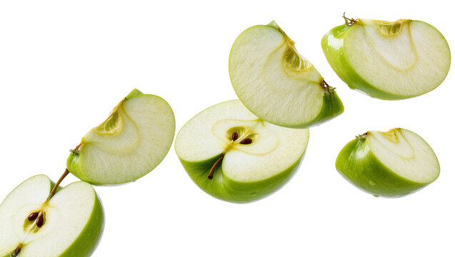 Isolated fresh green apple slices and halves floating with seeds, crisp healthy fruit cutaway