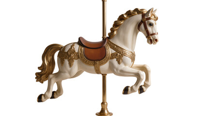 Isolated traditional fairground carousel horse with intricate gold and cream design © Maria