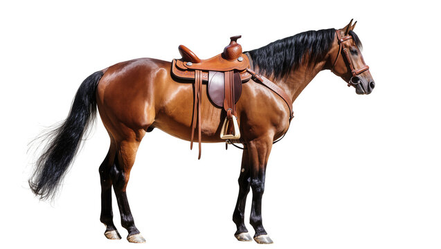 Isolated brown horse with western saddle and bridle standing still, ready for riding