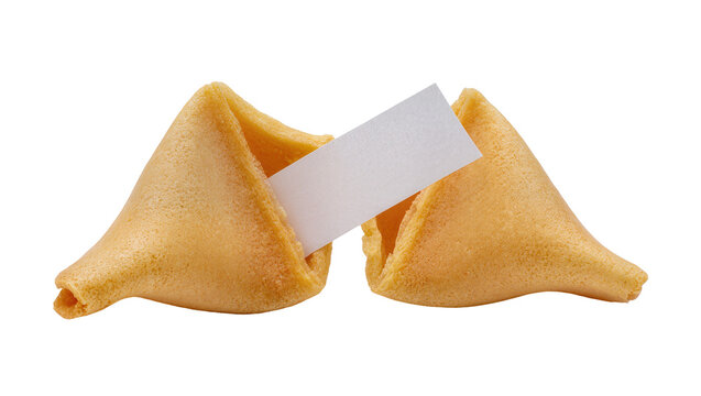 Isolated fortune cookie split open with blank paper message inside, ready for a personalized text