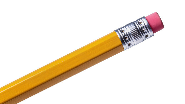 Isolated new classic yellow wooden pencil with a pink rubber eraser on the end for school
