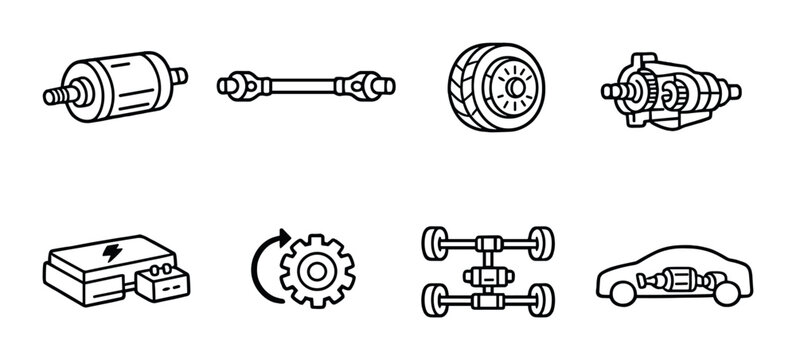 Automotive drivetrain and powertrain component icons on gray background