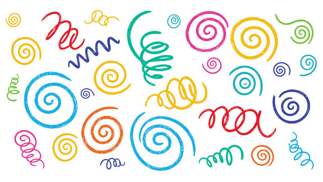 Collection of colorful hand-drawn spirals and scribbled wavy lines in various sizes and shapes on a white background for fun artistic textures.