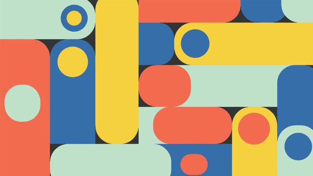 Abstract geometric background features a vibrant composition of rounded rectangles and circles in blue, orange, and yellow on a dark base.